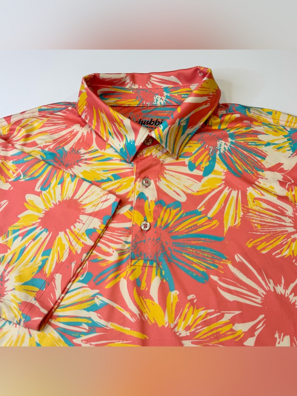 Chubbies Coral Floral Performance Polo Men's Medium Blue Yellow Resortwear Golf